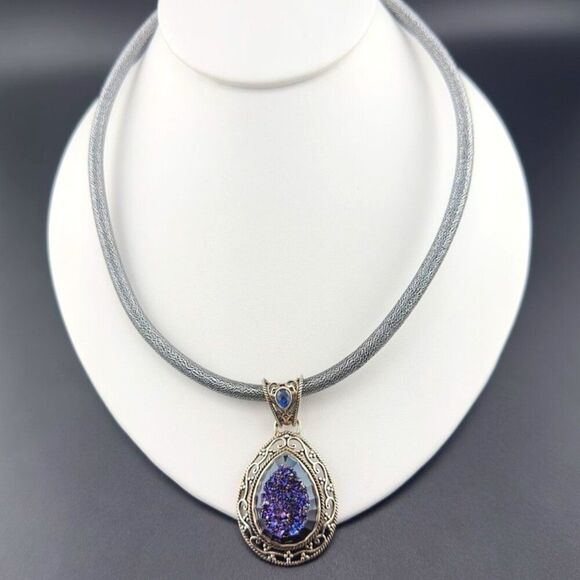 Sajen Purple Druzy Stone Pendant Sterling Silver Necklace - Picture 1 of 6